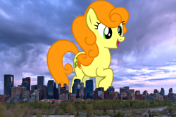 Size: 1713x1144 | Tagged: safe, artist:thegiantponyfan, artist:vector-brony, imported from derpibooru, carrot top, golden harvest, earth pony, pony, background pony, calgary, canada, city, female, giant pony, giant/macro earth pony, giantess, highrise ponies, irl, macro, mare, mega giant, photo, ponies in real life