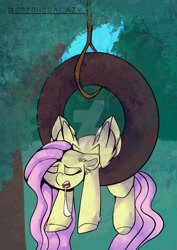 Size: 1280x1803 | Tagged: safe, artist:cozmicgalazy, imported from derpibooru, fluttershy, pegasus, pony, cute, deviantart watermark, drool, drool on face, drool string, obtrusive watermark, sleeping, snoring, swing, tire, tire swing, watermark