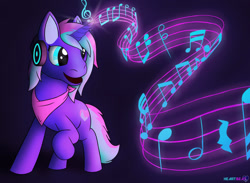 Size: 1280x936 | Tagged: safe, artist:passionpanther, imported from derpibooru, oc, oc only, oc:heartbeat, pony, unicorn, headphones, magic, magic spell, magical, music, music notes, musical, solo