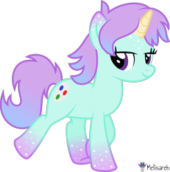 Size: 4000x4068 | Tagged: safe, artist:melisareb, imported from derpibooru, part of a set, oc, oc:quark (kleptocorns), pony, unicorn, .svg available, absurd resolution, crossover, female, gradient hooves, gradient mane, gradient tail, kleptocorns, lidded eyes, mare, simple background, solo, tail, transparent background, vector