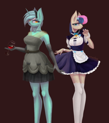 Size: 1600x1800 | Tagged: safe, alternate version, artist:anastas, imported from derpibooru, bon bon, lyra heartstrings, sweetie drops, anthro, earth pony, unicorn, blue eyes, clothes, commission, dress, duo, duo female, female, glass, golden eyes, maid, seductive look, seductive pose, stockings, thigh highs, wine glass