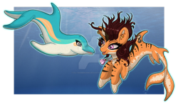 Size: 800x475 | Tagged: safe, artist:ellysiumdreams, imported from derpibooru, oc, oc only, dolphin, merpony, seapony (g4), artfight, brown mane, bubble, deviantart watermark, digital art, dorsal fin, eyelashes, female, fins, fish tail, flowing mane, jewelry, looking at each other, looking at someone, mare, necklace, obtrusive watermark, ocean, open mouth, pink eyes, purple eyes, seashell necklace, smiling, solo, sunlight, tail, teeth, underwater, water, watermark