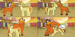 Size: 1280x640 | Tagged: safe, artist:princessshadowluna, imported from derpibooru, braeburn, little strongheart, buffalo, earth pony, pony, age progression, braeheart, cloven hooves, comic, female, male, older, older little strongheart, shipping, stallion, straight