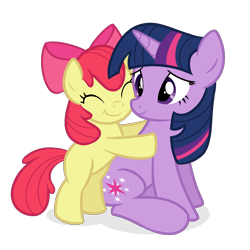 Size: 2000x2000 | Tagged: safe, artist:candy meow, imported from derpibooru, apple bloom, twilight sparkle, earth pony, pony, unicorn, duo, duo female, eyes closed, female, filly, foal, hug, mare, simple background, smiling, transparent background, unicorn twilight, vector