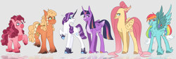 Size: 1280x428 | Tagged: safe, artist:primrosepaper, imported from derpibooru, applejack, fluttershy, pinkie pie, rainbow dash, rarity, twilight sparkle, alicorn, earth pony, pegasus, unicorn, alternate design, alternative cutie mark placement, chest fluff, chin fluff, ear fluff, eyeshadow, horn, long horn, makeup, mane six, markings, tall, twilight sparkle (alicorn), unshorn fetlocks