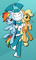 Size: 1827x3000 | Tagged: safe, artist:reconprobe, imported from derpibooru, applejack, rainbow dash, earth pony, pegasus, pony, robot, crossover, female, friendshipping, hug, jenny wakeman, mare, my life as a teenage robot