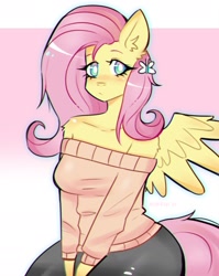 Size: 1500x1888 | Tagged: safe, artist:puffyrin, imported from derpibooru, fluttershy, anthro, pegasus, adorasexy, bare shoulders, blushing, breasts, busty fluttershy, chromatic aberration, clothes, cute, ear fluff, female, hairclip, looking at you, sexy, shyabetes, sitting, solo, spread wings, sweater, sweatershy, white pupils, wings