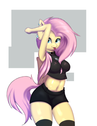 Size: 2768x3560 | Tagged: safe, artist:wyvernthedragon, imported from derpibooru, fluttershy, anthro, pegasus, :p, abstract background, arm behind head, belly button, breasts, busty fluttershy, clothes, ear piercing, female, looking at you, piercing, shorts, simple background, socks, solo, standing, thigh highs, tongue out