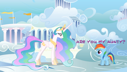 Size: 5760x3240 | Tagged: safe, artist:wissle, artist:zvn, imported from derpibooru, princess celestia, rainbow dash, alicorn, pegasus, pony, absurd resolution, atg 2022, cloud, cloudiseum, cloudsdale, crown, cute, duo, duo female, female, filly, filly rainbow dash, foal, jewelry, lidded eyes, looking at each other, looking at someone, mare, meeting, newbie artist training grounds, regalia, show accurate, smiling, smirk, text, vector, younger