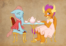 Size: 1280x906 | Tagged: safe, artist:artharuhi, imported from derpibooru, ocellus, smolder, changedling, changeling, dragon, blushing, clothes, cup, cute, diaocelles, dragoness, dress, duo, female, food, girly, missing horn, pink dress, princess smolder, smolderbetes, tea, tea party, teacup, teapot