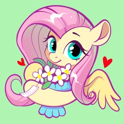 Size: 2048x2048 | Tagged: safe, artist:paipaishuaige, imported from derpibooru, fluttershy, pegasus, pony, bust, cute, daaaaaaaaaaaw, female, flower, green background, heart, looking at you, mare, shyabetes, simple background, smiling, smiling at you, solo, wings