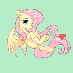 Size: 1024x1024 | Tagged: safe, artist:paipaishuaige, imported from derpibooru, fluttershy, pegasus, pony, chest fluff, cute, daaaaaaaaaaaw, female, green background, heart, looking at you, mare, profile, shyabetes, simple background, solo, underhoof, wings