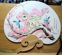 Size: 2048x1824 | Tagged: safe, artist:paipaishuaige, imported from derpibooru, fluttershy, bird, pegasus, pony, cherry blossoms, chinese, female, flower, flower blossom, flower in hair, looking at you, mare, profile, simple background, traditional art, tree branch, underhoof, white background, wings