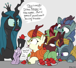 Size: 3000x2669 | Tagged: safe, artist:icey, imported from derpibooru, autumn blaze, cinder glow, mean twilight sparkle, queen chrysalis, summer flare, winter flame, oc, oc:nova glow, changeling, changeling queen, kirin, autumn blaze's puppet, chili pepper, dialogue, eating, female, food, heart, lidded eyes, moments before disaster, open mouth, pepper, plate, speech bubble, spicy, this will end in tears, twilog