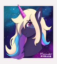 Size: 1747x1961 | Tagged: safe, artist:autumnsfur, imported from derpibooru, oc, oc only, oc:galactic love, pony, unicorn, blue mane, bust, digital art, female, long hair, looking away, mare, markings, multicolored hair, purple coat, purple mane, signature, simple background, space