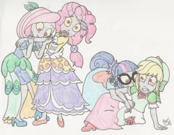 Size: 1400x1085 | Tagged: safe, artist:bageloftime, imported from derpibooru, applejack, fluttershy, pinkie pie, sci-twi, twilight sparkle, human, undead, zombie, equestria girls, clothes, dress, gala dress, gown, infected, long dress, long skirt, skirt, traditional art