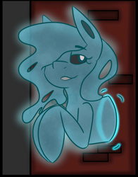 Size: 1609x2048 | Tagged: safe, artist:askhypnoswirl, imported from derpibooru, oc, oc only, earth pony, ghost, ghost pony, pony, undead, black sclera, brick wall, eyebrows, eyebrows visible through hair, female, floating, hair over one eye, lidded eyes, mare, smiling, smug, solo, through wall