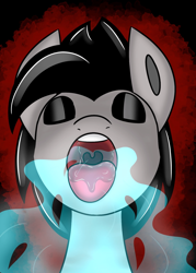 Size: 1209x1689 | Tagged: safe, artist:askhypnoswirl, imported from derpibooru, oc, oc only, oc:paulpeoples, earth pony, pony, black background, bust, drool, eyes closed, eyeshadow, front view, makeup, male, offscreen character, open mouth, pov, simple background, solo, soul vore, stallion, vore