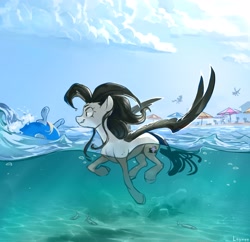 Size: 4096x3963 | Tagged: safe, artist:laymy, imported from derpibooru, fish, pegasus, pony, beach, beach umbrella, female, high res, inner tube, mare, solo focus, swimming, umbrella, water