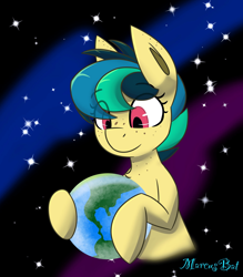 Size: 1792x2048 | Tagged: safe, artist:askhypnoswirl, imported from derpibooru, oc, oc only, oc:apogee, pegasus, pony, bigger than a planet, continent, eye clipping through hair, eyebrows, eyebrows visible through hair, female, filly, foal, freckles, holding, macro, planet, signature, solo, space, stars, wingless