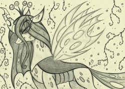 Size: 2284x1617 | Tagged: safe, artist:rossmaniteanzu, imported from derpibooru, queen chrysalis, changeling, monochrome, pencil drawing, solo, traditional art
