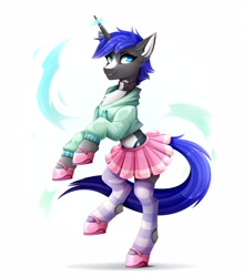 Size: 3584x4096 | Tagged: safe, artist:buvanybu, imported from derpibooru, oc, oc only, oc:delta-ket, pony, unicorn, clothes, collar, commission, heterochromia, high res, hoodie, horn, shoes, simple background, skirt, smiling, socks, solo, striped socks, thigh highs, unicorn oc, white background
