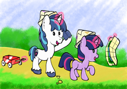 Size: 1700x1200 | Tagged: safe, artist:ebbysharp, imported from derpibooru, shining armor, twilight sparkle, pony, unicorn, atg 2022, beady eyes, blank flank, brother and sister, colt, colt shining armor, cute, duo, duo male and female, female, filly, filly twilight sparkle, hat, magic, male, map, newbie artist training grounds, paper hat, shining adorable, siblings, twiabetes, unicorn twilight, unshorn fetlocks, wagon, younger