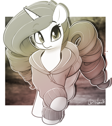 Size: 976x1094 | Tagged: safe, artist:llametsul, imported from derpibooru, rarity, pony, unicorn, alternate hairstyle, atg 2022, blurry background, clothes, cute, female, hoodie, looking at you, mare, monochrome, newbie artist training grounds, signature, solo