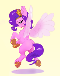 Size: 2242x2849 | Tagged: safe, artist:xbi, imported from derpibooru, pipp petals, pegasus, pony, bedroom eyes, blushing, butt, female, flying, g5, headband, jewelry, lidded eyes, looking at you, looking back, looking back at you, mare, pipp butt, plot, raspberry, regalia, simple background, smiling, smiling at you, solo, spread wings, tongue out, underhoof, wings, yellow background