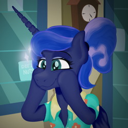 Size: 2000x2000 | Tagged: safe, artist:oldman, imported from derpibooru, princess luna, alicorn, pony, between dark and dawn, season 9, spoiler:s09, clothes, deez nuts, female, horn, mare, shirt, solo, stars, that pony sure does love the post office, wings