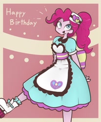 Size: 1620x1954 | Tagged: safe, artist:yuka_mono195, imported from derpibooru, pinkie pie, human, equestria girls, clothes, cutie mark on clothes, emanata, female, happy birthday, hat, looking at you, open mouth, open smile, roller skates, server pinkie pie, simple background, smiling, smiling at you, solo