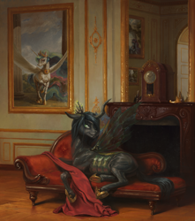 Size: 2000x2260 | Tagged: safe, alternate version, artist:bra1neater, imported from derpibooru, princess celestia, princess luna, queen chrysalis, changeling, changeling queen, clock, couch, crown, fainting couch, female, fine art emulation, fireplace, high res, hoof shoes, jewelry, lying, lying down, painting, picnic, prone, regalia, room, smiling, solo
