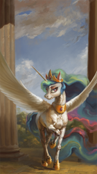 Size: 1000x1790 | Tagged: safe, alternate version, artist:bra1neater, imported from derpibooru, princess celestia, alicorn, pony, column, female, fine art emulation, hoers, looking at you, mare, sky, solo, spread wings, walking, wings