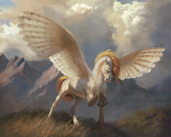 Size: 2000x1596 | Tagged: safe, alternate version, artist:bra1neater, imported from derpibooru, oc, oc only, oc:silent flight, hippogriff, horse, chest fluff, cloud, cloudy, fine art emulation, fluffy, grass, hoers, looking at something, male, mountain, mountain range, raised claw, raised hoof, realistic wings, solo, spread wings, talons, wings