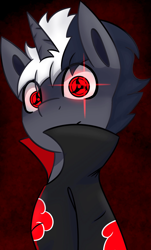 Size: 1241x2048 | Tagged: safe, artist:askhypnoswirl, imported from derpibooru, oc, oc only, pony, unicorn, anime, clothes, dark background, eye clipping through hair, glowing, glowing eyes, looking at you, male, mangekyo sharingan, naruto, sharingan, simple background, solo, stallion, wide eyes