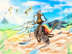 Size: 4000x3000 | Tagged: safe, artist:flaremoon, imported from derpibooru, rainbow dash, pegasus, pony, airship, city, clothes, feather, fight, floppy ears, flying, goggles, knife, mouth hold, rear view, solo, spread wings, town, underhoof, weapon, wings, zeppelin