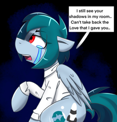 Size: 1962x2048 | Tagged: safe, artist:askhypnoswirl, imported from derpibooru, oc, oc only, oc:delta vee, pegasus, pony, clothes, crying, dialogue, female, floppy ears, folded wings, high res, juice wrld, lucid dreams, mare, monologue, open mouth, pegasus oc, raised hoof, sad, side view, simple background, sitting, solo, song reference, speech bubble, talking, wings