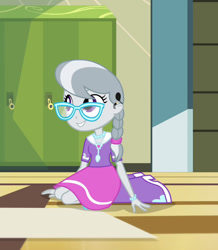 Size: 622x714 | Tagged: safe, edit, edited screencap, editor:darkhooves, imported from derpibooru, screencap, silver spoon, human, equestria girls, rainbow rocks, boots, braid, braided ponytail, clothes, cochlear implant, cropped, cute, deaf, female, glasses, jewelry, lockers, necklace, shoes, silverbetes, sitting, skirt, smiling, solo