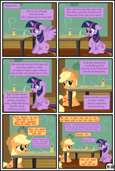 Size: 1600x2379 | Tagged: safe, artist:gutovi, imported from derpibooru, applejack, twilight sparkle, alicorn, earth pony, pony, comic:why me!?, alternate ending, apple, apple juice, comic, female, food, hat, high res, juice, lesbian, mare, shipping, show accurate, sweet apple acres, table, twijack, twilight sparkle (alicorn)