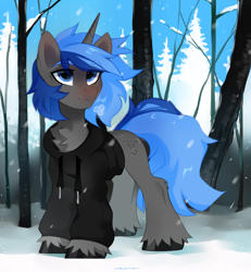 Size: 2800x3036 | Tagged: safe, artist:zlatavector, imported from derpibooru, oc, oc only, oc:orion, pony, unicorn, chest fluff, clothes, commission, high res, hoodie, horn, male, nature, outdoors, snow, solo, stallion, standing, unicorn oc, unshorn fetlocks, winter