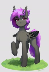 Size: 1406x2048 | Tagged: safe, artist:mrscroup, imported from derpibooru, oc, oc only, oc:amethyst gear, bat pony, pony, ear fluff, fangs, female, grass, lidded eyes, raised hoof, smiling, solo