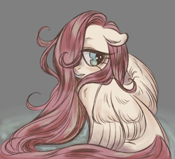 Size: 1100x1000 | Tagged: safe, artist:frowoppy, imported from derpibooru, fluttershy, pegasus, pony, female, hair over one eye, looking away, looking sideways, mare, open mouth, partially open wings, sitting, solo, stray strand, turned head, wings