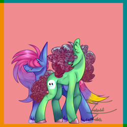 Size: 1280x1280 | Tagged: safe, artist:technicolourtorture, imported from derpibooru, oc, oc only, oc:phantomine, oc:ruby sweets, earth pony, pony, blue fur, blue skin, curly hair, green fur, green skin, hair covering face, multicolored hair, simple background, straight hair