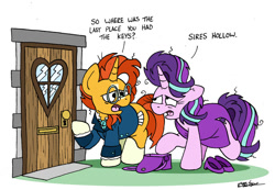 Size: 1024x710 | Tagged: safe, artist:bobthedalek, imported from derpibooru, starlight glimmer, sunburst, pony, unicorn, atg 2022, bag, blaze (coat marking), clothes, coat markings, door, dress, duo, facial markings, female, glasses, handbag, high heels, locked, male, mare, messy mane, newbie artist training grounds, purse, shipping, shoes, simple background, socks (coat markings), stallion, starburst, straight, suit, tired, uh oh, white background