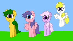 Size: 1368x777 | Tagged: safe, artist:universalponies, imported from derpibooru, lickety split, lickety-split, magic star, surprise, earth pony, pegasus, pony, adorablestar, adoraprise, blue eyes, cute, female, field, flying, g1, g1 licketybetes, g1 northabetes, g1 to g4, g4, generation leap, grass, grass field, green hair, green mane, green tail, group, mare, ms paint, north star (g1), outdoors, paint.net, pink hair, pink mane, pink tail, ponyland, purple eyes, purple hair, purple mane, purple tail, quartet, smiling, surprise can fly, tail, yellow hair, yellow mane, yellow tail