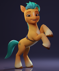 Size: 1515x1817 | Tagged: safe, artist:luminousdazzle, imported from derpibooru, hitch trailblazer, earth pony, pony, 3d, 3d model, belt, blaze (coat marking), blender, blender cycles, coat markings, facial markings, g5, gradient hooves, looking at you, male, rearing, render, sheriff, smiling, smiling at you, solo, stallion, standing, standing on two hooves, unshorn fetlocks