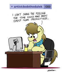 Size: 1636x1896 | Tagged: safe, artist:bobthedalek, derpibooru exclusive, imported from derpibooru, oc, oc only, oc:kettle master, earth pony, pony, banana, chair, clothes, computer, desk, food, get, hoof hold, lies, male, misspelling, pencil, scarf, simple background, solo, stallion, white background