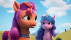 Size: 600x338 | Tagged: safe, imported from derpibooru, screencap, izzy moonbow, pipp petals, sunny starscout, zipp storm, earth pony, pegasus, pony, unicorn, spoiler:my little pony: make your mark, angry, animated, cloud, eyes closed, female, frown, g5, gif, grin, group, headband, i watch it for the ears, jewelry, mare, my little pony: make your mark, my little pony: make your mark chapter 1, necklace, nodding, posey bloom, quintet, royal sisters (g5), siblings, sisters, smiling, snob, talking