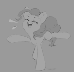 Size: 1041x1022 | Tagged: safe, artist:melodylibris, imported from derpibooru, pinkie pie, earth pony, pony, cute, diapinkes, eyes closed, female, gray background, grayscale, mare, monochrome, open mouth, open smile, simple background, smiling, solo, standing on two hooves