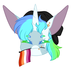 Size: 1024x1024 | Tagged: safe, artist:purplegrim40, imported from derpibooru, oc, oc only, pony, unicorn, bust, commission, ear piercing, hat, horn, lesbian pride flag, mouth hold, piercing, pride, pride flag, simple background, solo, transparent background, unicorn oc, ych result